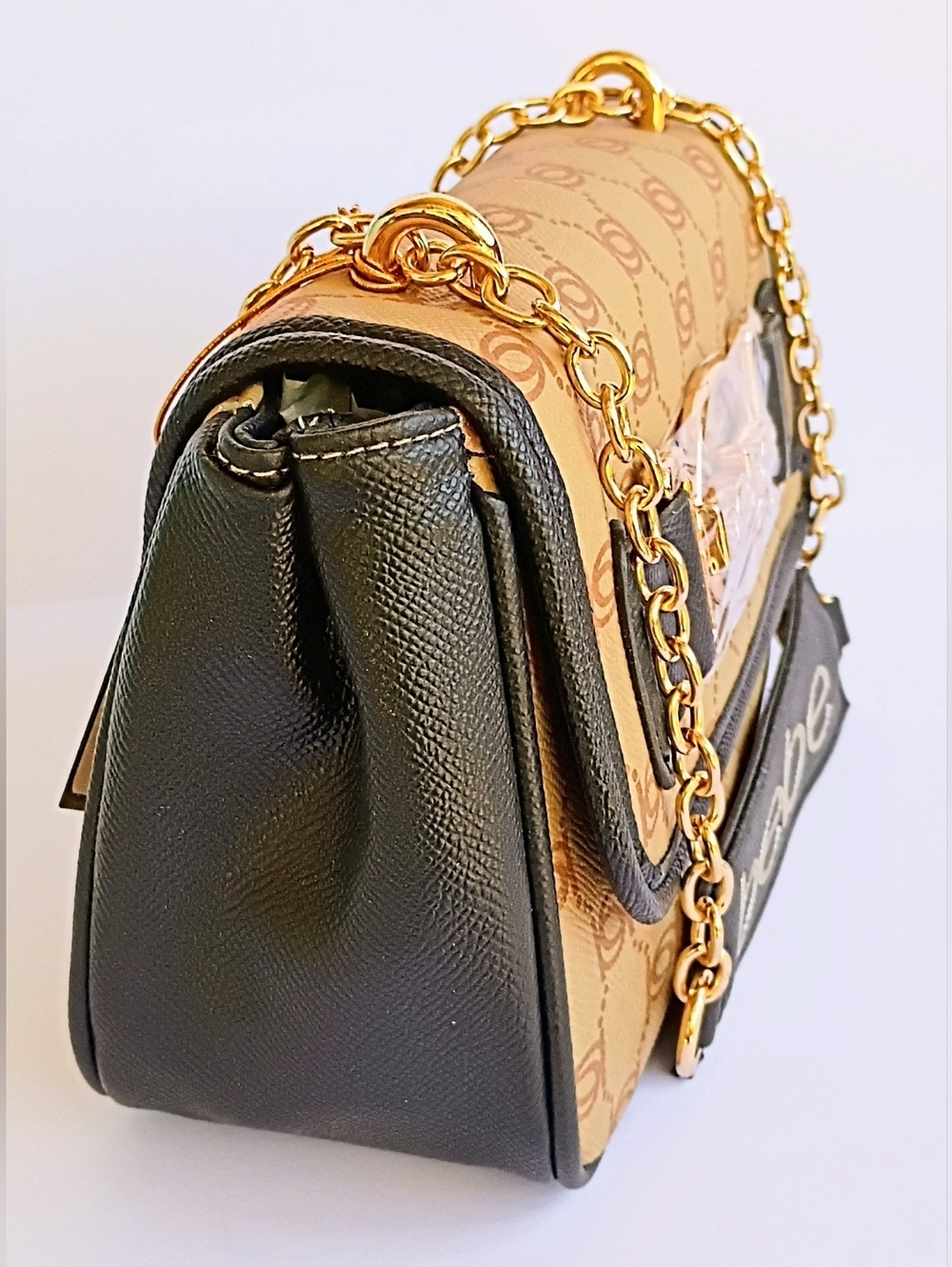 Bebe Leilani Monogram Shoulder Bag Gold Chain NWT Beige Black Crossbody - Picture 5 of 8